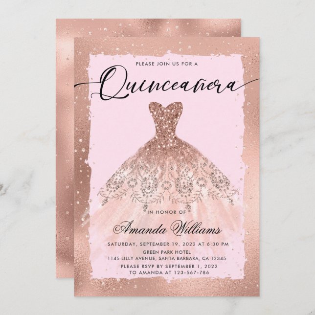 Rose Gold Kvinna Quinceañera  Inbjudningar (Fram/baksida)