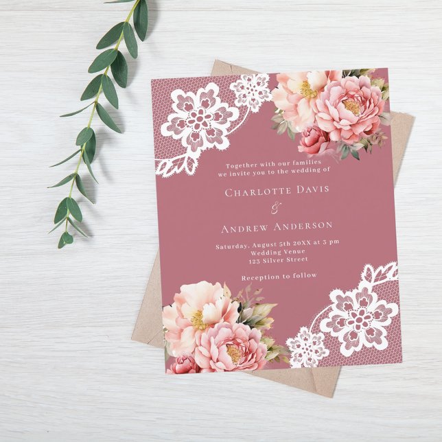 Rose gold lace pink floral wedding invitation (Skapare uppladdad)