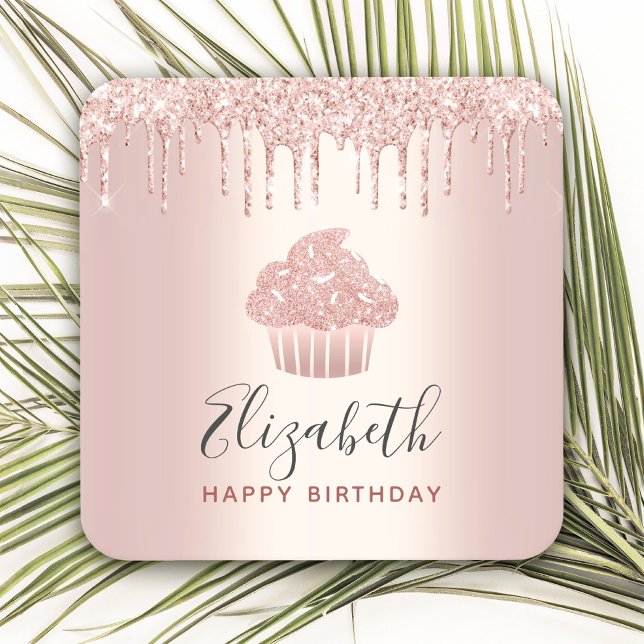 Rose gold lägg till ditt namn cupcakes glitterdrop underlägg papper kvadrat (Skapare uppladdad)