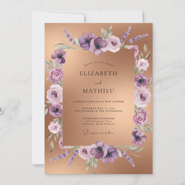 Rose Gold Lavendelblom Wedding Inbjudningar (Framsida)