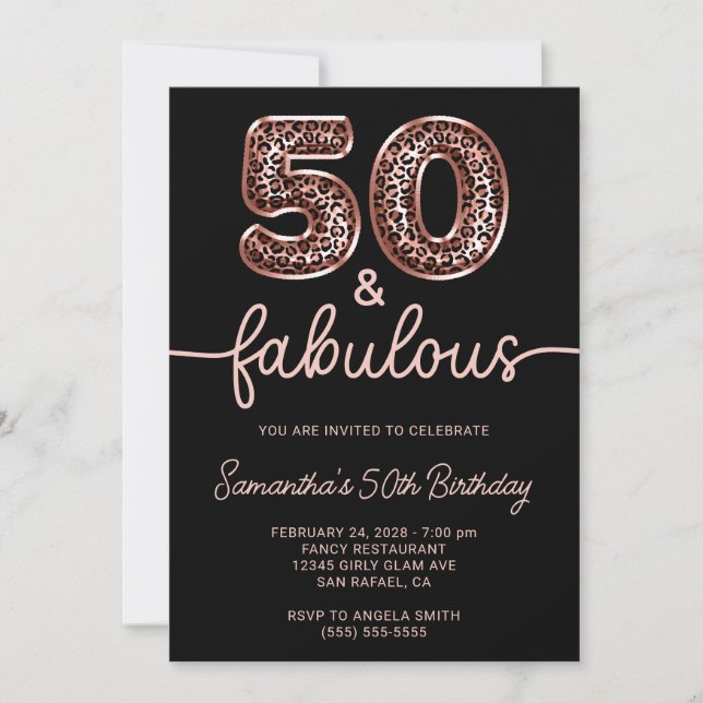 Rose Gold Leopard Balloon Number 50 and Fabulous Inbjudningar (Framsida)