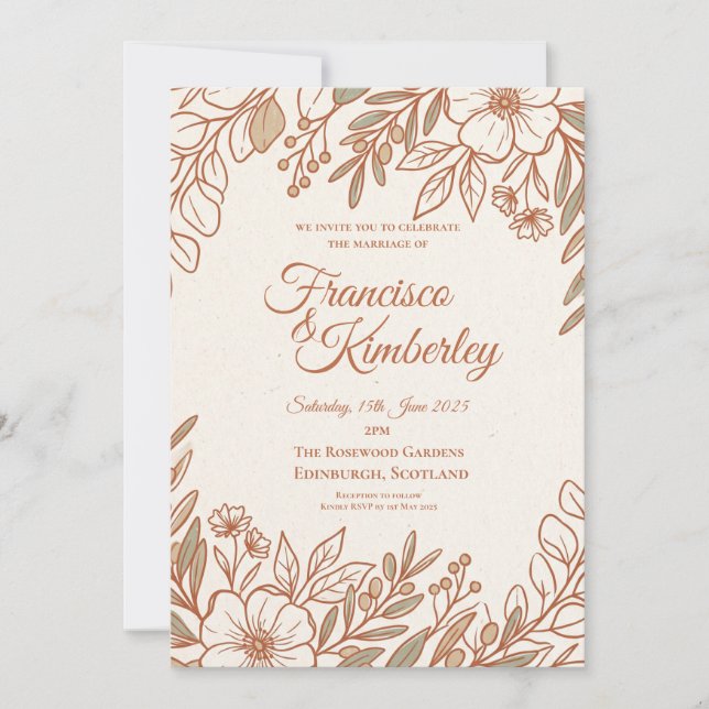 Rose Gold Line Blommig Bröllopsinbjudan Inbjudningar (Framsida)