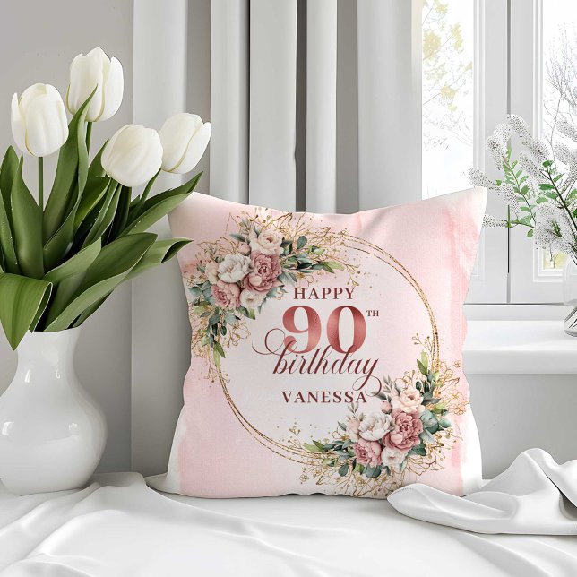 Rose Gold Ljus Rosa Blommig 90-årsdags Kudde (Rose Gold Light Pink Floral 90th Birthday Pillow)