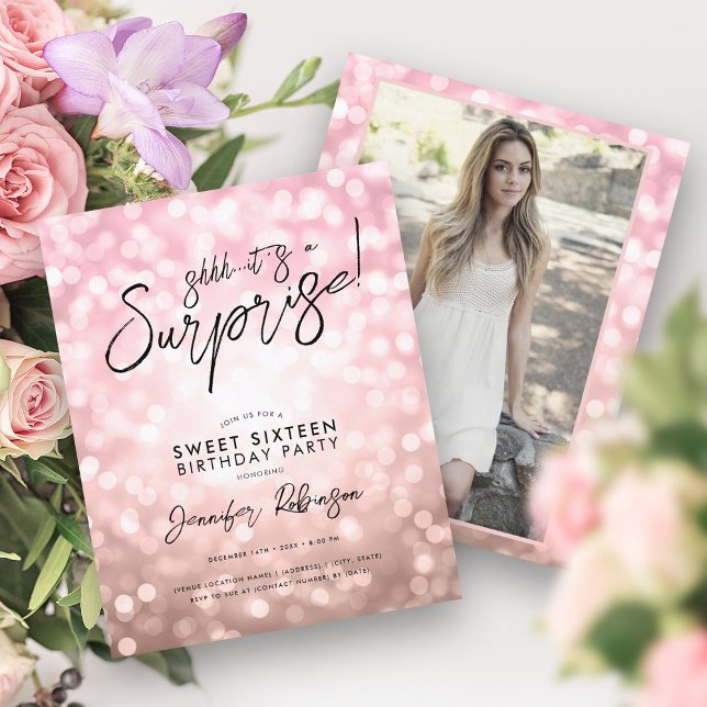 Rose Gold Ljuss Foto Överraskning Söta 16 Inbjudni (Rose Gold Lights Photo Surprise Sweet 16 Invites )