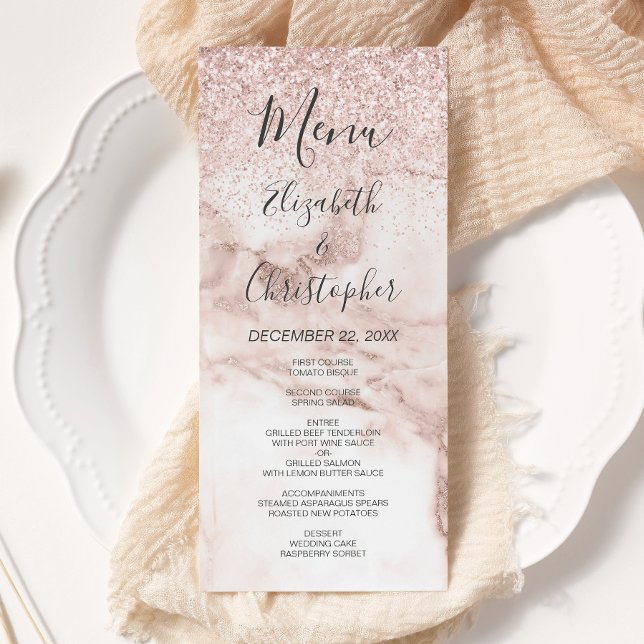 Rose Gold Marble Glitter Elegant Bröllop Meny (Skapare uppladdad)