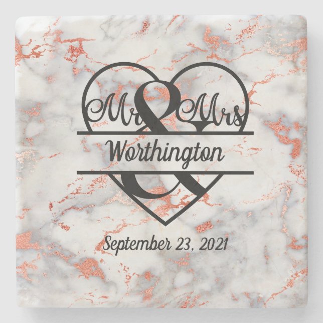 Rose Gold Marble Mr. och Mrs. Heart Bröllopspresen Stenunderlägg (Framsidan)