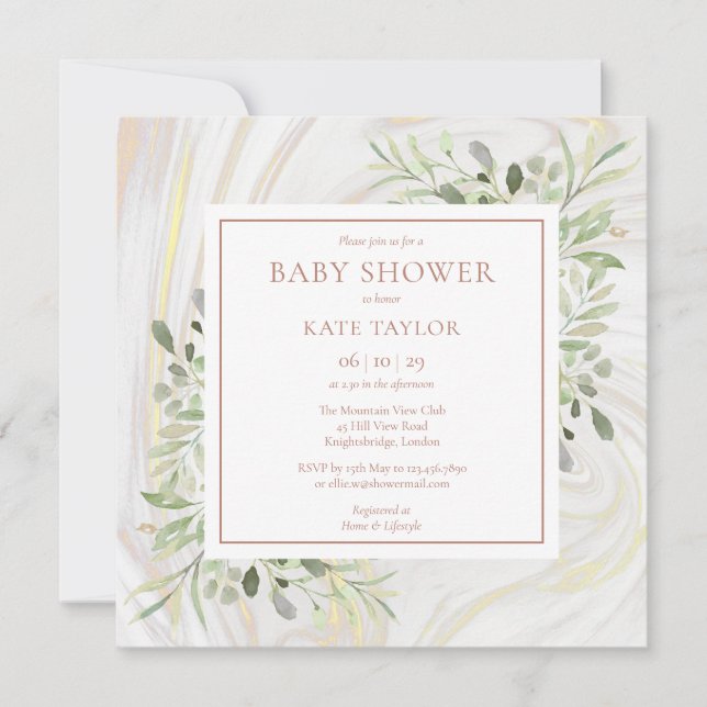 Rose Gold Marmor Baby Shower | Strö Bröllopsgrönt Inbjudningar (Framsida)