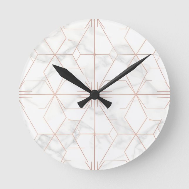 Rose Gold Marmor Geometriskt Mönster Rund Klocka (Framsida)