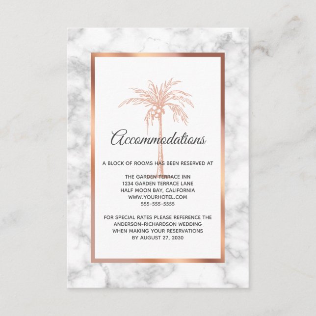 Rose Gold Marmor Palmträd Bröllopsinbjudan Tilläggskort (Framsida)