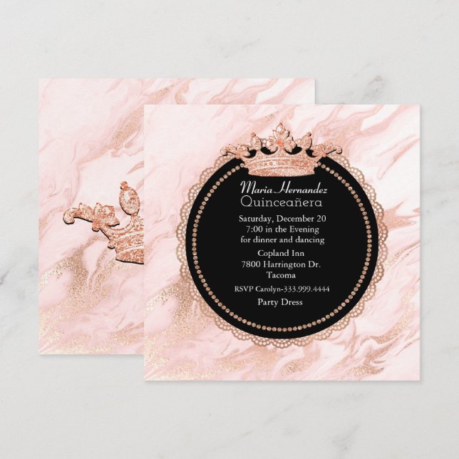 Rose Gold Marmor Quinceanera-inbjudan Inbjudningar (Fram/baksida)