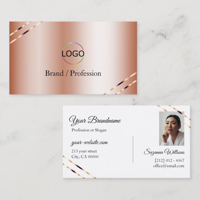 Rose Gold med glänsande linjer Logo och foto  Visitkort (Fram/baksida)