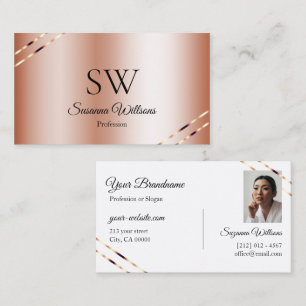 Rose Gold med glänsande linjer Monogram och Foto Visitkort