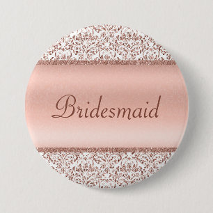 Rose Gold Metallisk Damask Bröllop Brudtärna  Knapp