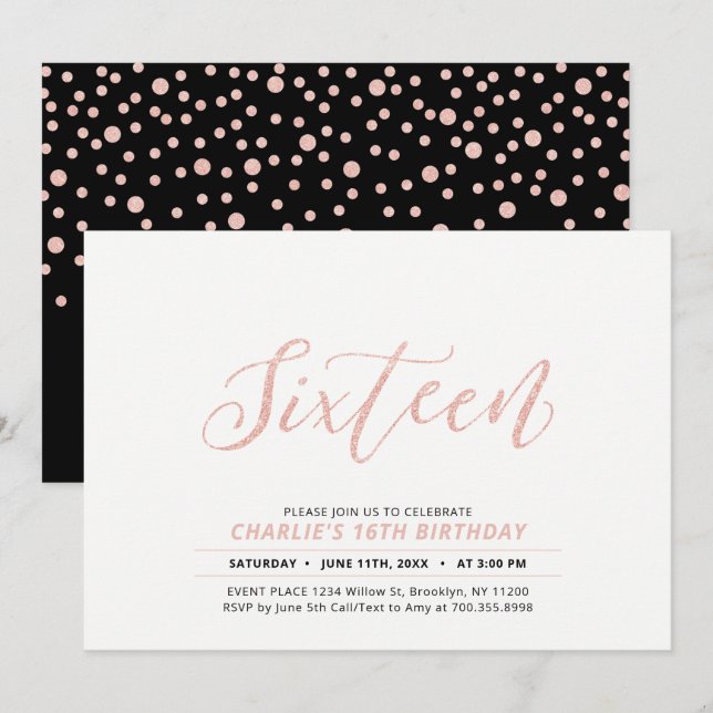 Rose Gold Modern Bokstavsdesign 16-årsfest Inbjudningar (Fram/baksida)