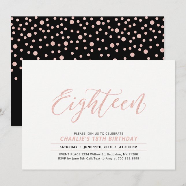 Rose Gold Modern Bokstavsdesign 18-års Födelsedags Inbjudningar (Fram/baksida)