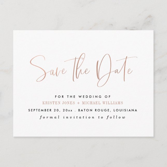 Rose Gold Modern Typografi Save the Date Meddelande Vykort (Framsida)