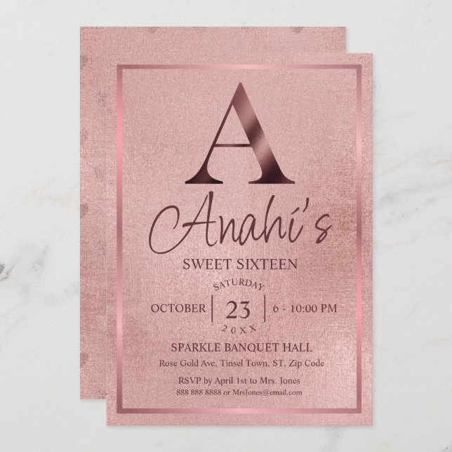 Rose Gold Monogram Sweet Sixteen Inbjudningar (Fram/baksida)