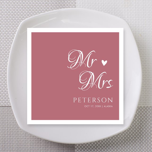 Rose Gold Mr & Mrs Hjärtan Bröllop Anpassade Pappersservett (Rose gold Mr and Mrs heart wedding custom napkins with simulated foil for elegant reception)