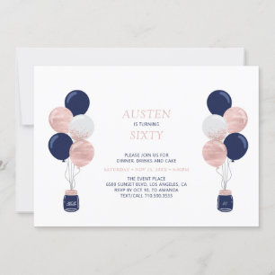 Rose Gold & Navy Ballong Modern 30 Födelsedagsfest Inbjudningar