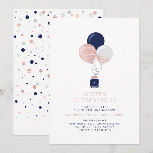 Rose Gold & Navy Ballonger Modern Födelsedagsfest Inbjudningar (Fram/baksida)
