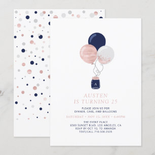 Rose Gold & Navy Ballonger Modern Födelsedagsfest Inbjudningar