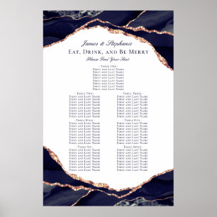 Rose Gold Navy Blå Agat Bröllops Sittplatsschema Poster