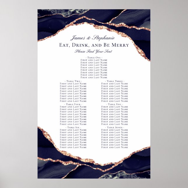 Rose Gold Navy Blå Agat Bröllops Sittplatsschema Poster (Framsidan)