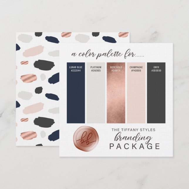 Rose Gold Navy Blå & Blush Färgpalettkort Inbjudningar (Fram/baksida)