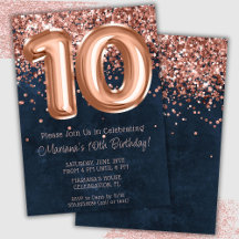 Rose Gold Navy Blue 10-års födelsedagsinbjudan