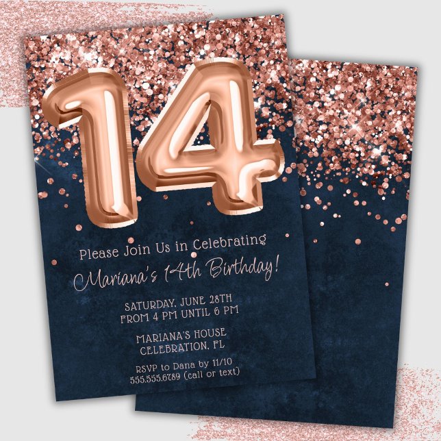 Rose Gold Navy Blue 14-års födelsedagsfest inbjuda Inbjudningar (Skapare uppladdad)