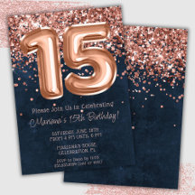 Rose Gold Navy Blue 15-årsfest Inbjudan