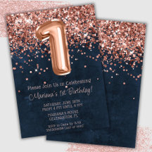 Rose Gold Navy Blue 1-års födelsedagsfest inbjudan
