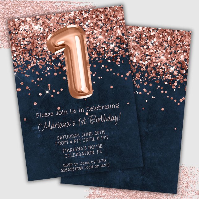 Rose Gold Navy Blue 1-års födelsedagsfest inbjudan (Skapare uppladdad)