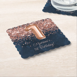 Rose Gold Navy Blue 1-års födelsedagsfest Underlägg Papper