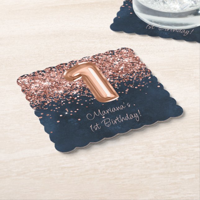 Rose Gold Navy Blue 1-års födelsedagsfest Underlägg Papper (Vinklad)