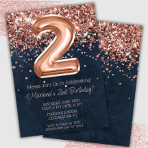 Rose Gold Navy Blue 2-års födelsedagsfest inbjudan