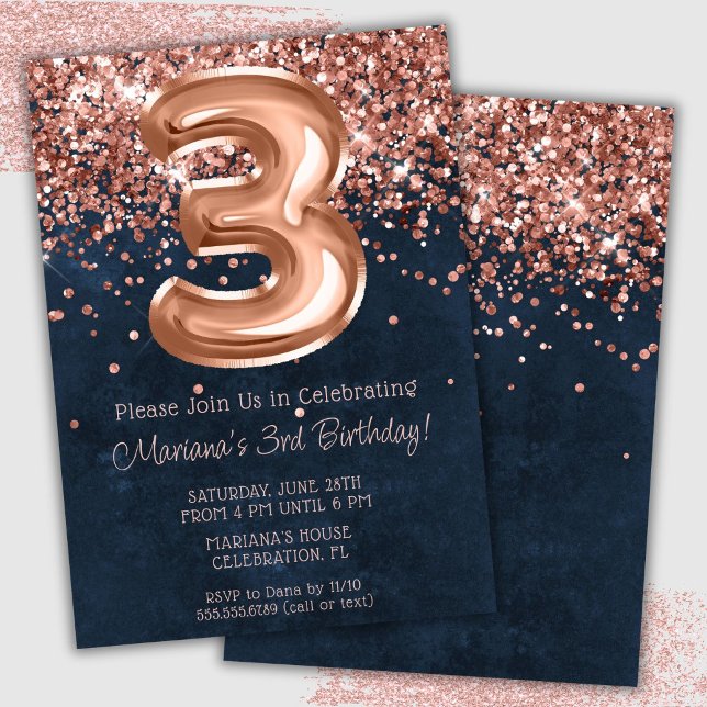 Rose Gold Navy Blue 3-års födelsedagsinbjudan Inbjudningar (Skapare uppladdad)