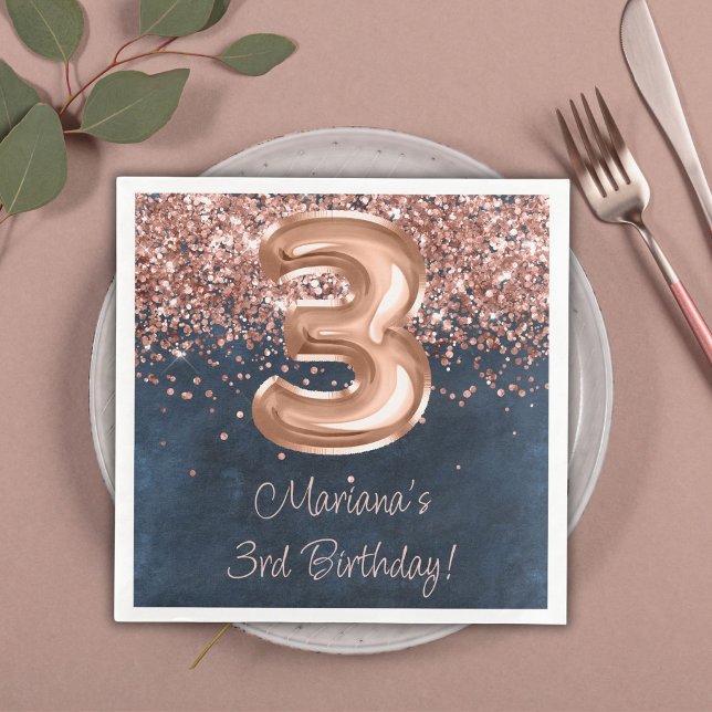Rose Gold Navy Blue 3-årsfest Pappersservett (Skapare uppladdad)