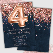 Rose Gold Navy Blue 4-års födelsedagsinbjudan