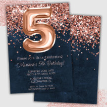Rose Gold Navy Blue 5-års födelsedagsinbjudan