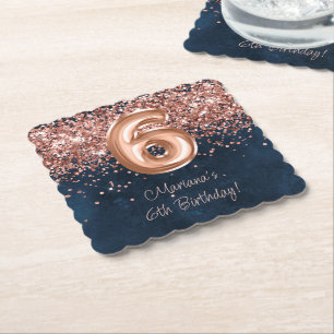 Rose Gold Navy Blue 6-års födelsedagsfest Underlägg Papper