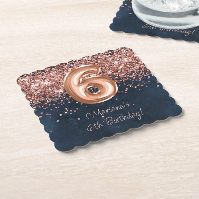 Rose Gold Navy Blue 6-års födelsedagsfest Underlägg Papper (Vinklad)