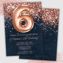 Rose Gold Navy Blue 6-års födelsedagsinbjudan