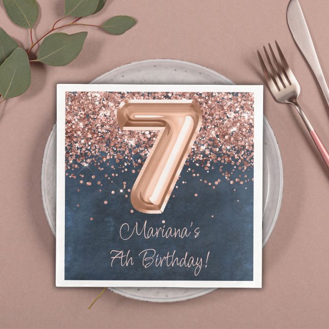 Rose Gold Navy Blue 7-års födelsedagsfest Pappersservett (Skapare uppladdad)