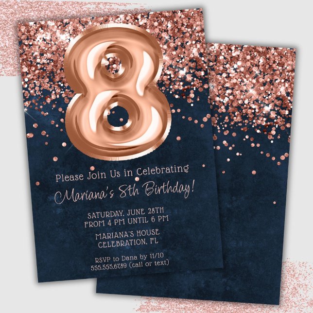 Rose Gold Navy Blue 8-års födelsedagsfest inbjudan (Skapare uppladdad)