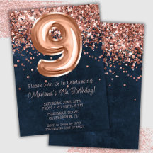 Rose Gold Navy Blue 9-års födelsedagsfest inbjudan