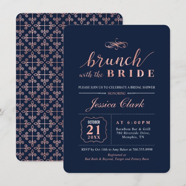 Rose Gold & Navy | Elegant Bröllop Bridal Brunch Inbjudningar (Fram/baksida)