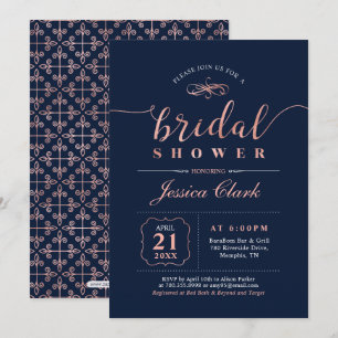 Rose Gold & Navy Elegant Bröllops Brud Shower Inbjudningar