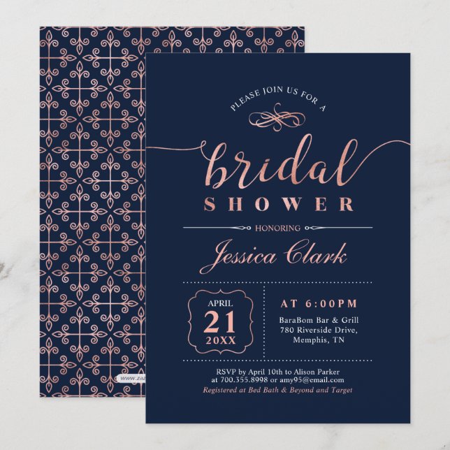 Rose Gold & Navy | Elegant Bröllops Brud Shower Inbjudningar (Fram/baksida)