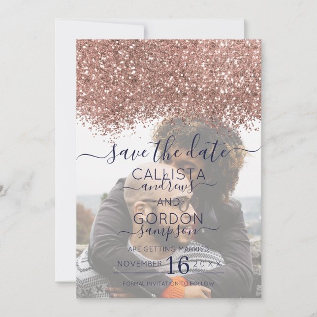 Rose Gold Navy Glitter Konfetti Foto Bröllop Spara Datumet (Framsida)